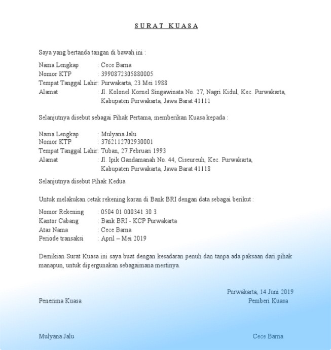 Surat Kuasa Rekening Koran BRI