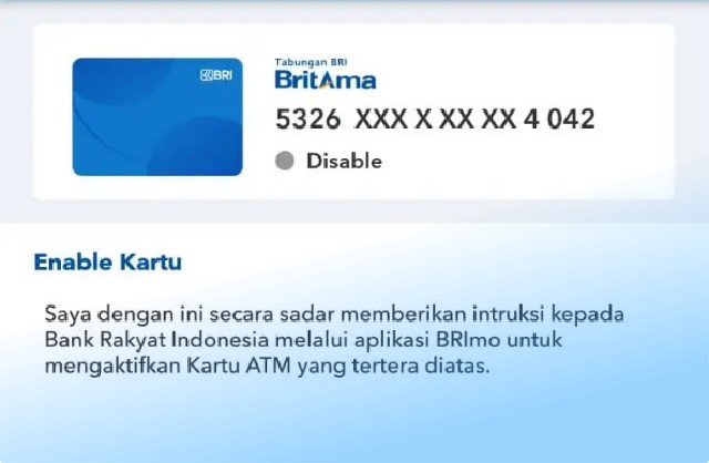 Cara Aktifkan Kartu ATM BRI yang Disable Lewat BRImo
